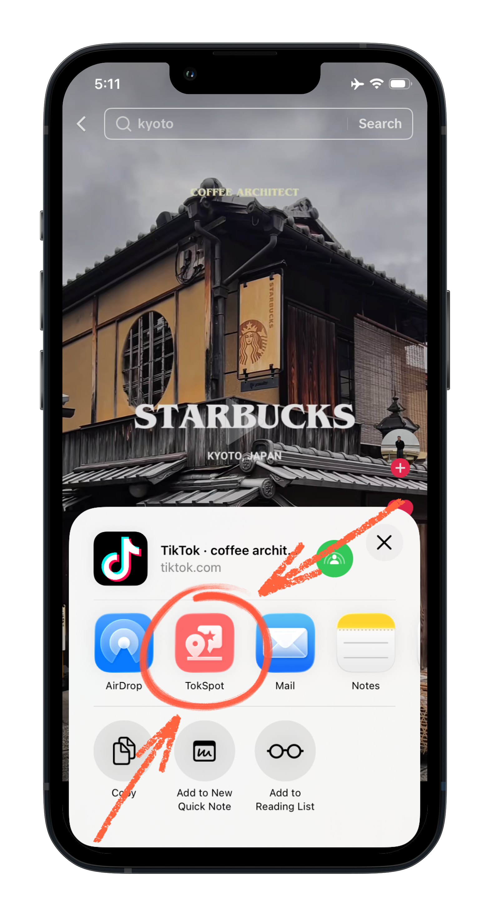 TokSpot app interface showing saved places on a map